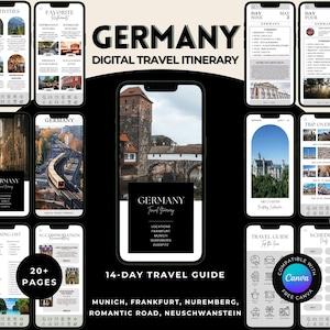 May include: A digital travel itinerary for Germany, displayed on multiple smartphones. The design features the word "GERMANY" prominently, along with a 14-day travel guide. The guide includes locations like Munich and Frankfurt, and is compatible with Canva.