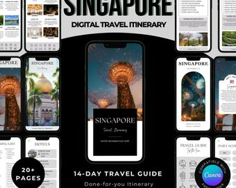 May include: A digital travel guide for Singapore, displayed on multiple smartphones. The guide features a 14-day itinerary with cover page options and is editable in Canva. The screens showcase various locations and information.