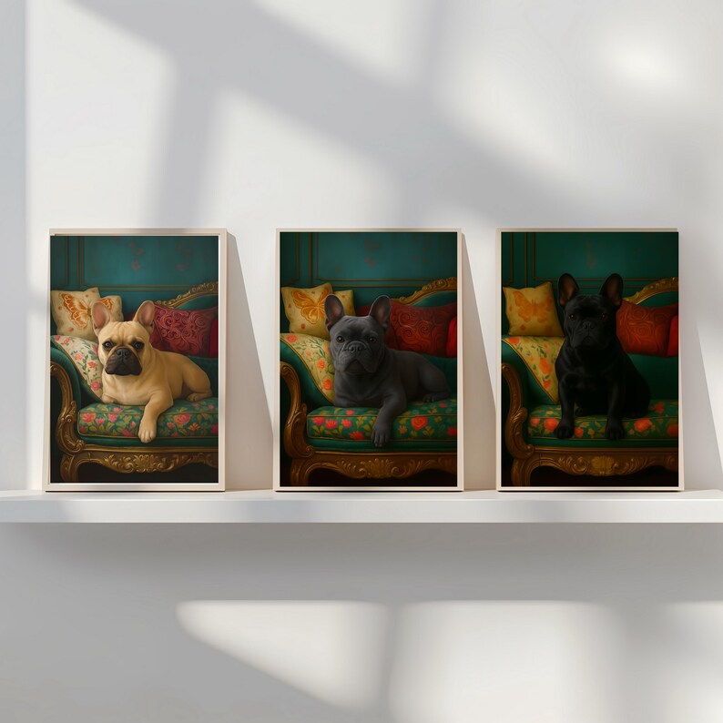 Może przedstawiać: Trzy oprawione wydruki przedstawiające buldogi francuskie na ozdobnych sofach. Psy są jasnobrązowe, ciemnoszare i czarne. Sofy mają zieloną tapicerkę w kwiaty z kolorowymi poduszkami. Tło jest turkusowe.