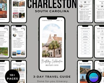 May include: A digital 3-day travel guide template for Charleston, South Carolina, displayed on multiple smartphone screens. The layout features editable itinerary pages, location photos, restaurant lists, and trip details, all designed for use in Canva.