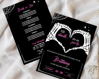 Pode incluir: Dois cartões de convite de casamento retangulares pretos com mãos de esqueleto brancas formando um coração. O texto inclui "Bride or Die", "Till death... do us party...", "Britteny" e "October 23-26 2023" em fontes rosa e brancas com teias.