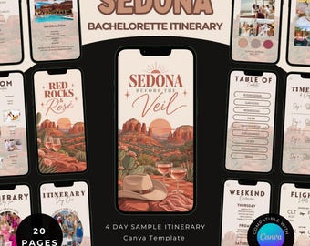 May include: A digital Sedona bachelorette itinerary Canva template featuring 20 pages with a desert theme. The design includes illustrations of red rock landscapes, cacti, a cowboy hat, and wine glasses, with text reading Sedona Before The Veil.