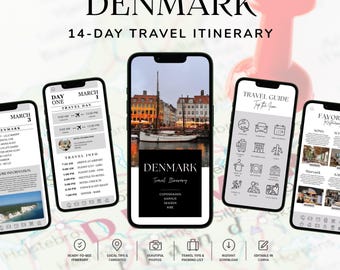 May include: A digital 14-day Denmark travel itinerary template displayed on five smartphone screens. The screens show travel schedules, maps, and guides with text including DENMARK, 14-DAY TRAVEL ITINERARY, and travel tips. A large red pushpin sits in the background.