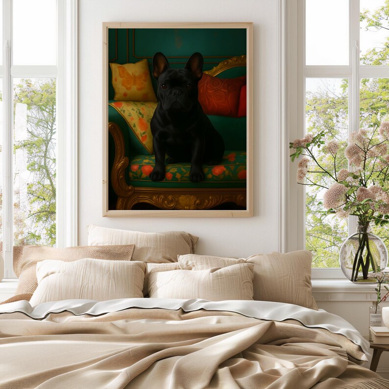 Wydruk artystyczny „Buldog francuski na kanapie”: Fantazyjny wystrój z buldogiem francuskim (pobranie cyfrowe) zdjęcie 10