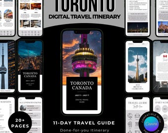May include: A digital travel itinerary for Toronto, Canada, displayed on multiple smartphones. The guide features the CN Tower and other city landmarks. Text includes "11-Day Travel Guide," "20+ Pages," and "Compatible with Canva."