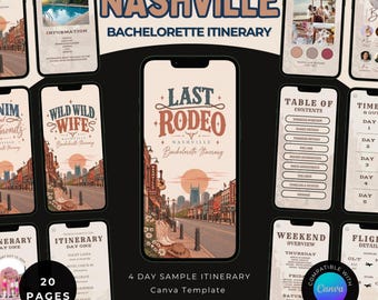 May include: A digital Nashville bachelorette itinerary template featuring 20 pages of customizable layouts. The design includes illustrations of city streets, cowboy boots, and hats with text reading Last Rodeo, Nashville Bachelorette Itinerary.
