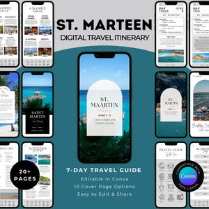 May include: A digital travel itinerary for St. Maarten, displayed on multiple smartphones. The main screen shows a travel guide with the text "St. Maarten" and "7-Day Complete Travel Guide." Other screens display restaurant recommendations, activities, and a schedule.