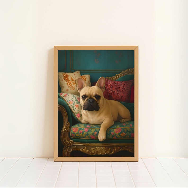 Wydruk artystyczny „Buldog francuski na kanapie”: Fantazyjny wystrój z buldogiem francuskim (pobranie cyfrowe) zdjęcie 5