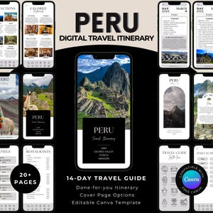 Puede incluir: Guía de viaje digital para Perú, presentada como una guía de 14 días. La imagen muestra maquetas de teléfonos inteligentes con detalles de viaje, y la palabra "PERÚ" se muestra de forma destacada. Compatible con Canva.