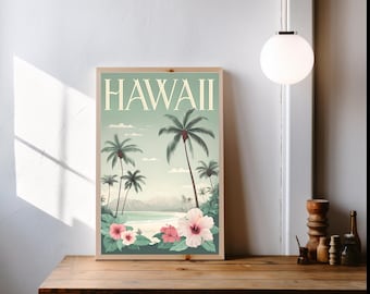 Plakat podróżniczy na Hawaje: pastelowo-zielony wydruk przedstawiający tropikalną wyspę (do pobrania cyfrowego)