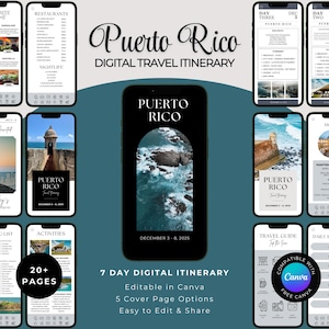 Könnte beinhalten: Eine digitale Reiseroute für Puerto Rico, die auf mehreren Smartphones angezeigt wird. Das zentrale Telefon zeigt ein Küstenbild. Der Text enthält "Puerto Rico", "Digital Travel Itinerary" und "7 Day Digital Itinerary."