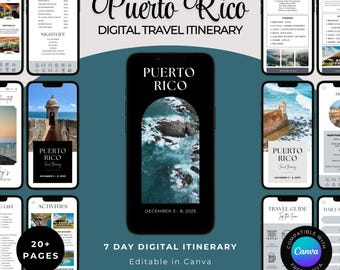 May include: A digital travel itinerary for Puerto Rico, displayed on multiple smartphones. The central phone shows a coastal image. Text includes "Puerto Rico," "Digital Travel Itinerary," and "7 Day Digital Itinerary."