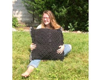 Oversized Macrame Linen Throw Pillow Case: Boho Decor (26x26)