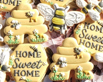 Honey Bee Sugar Cookies: Home Sweet Home, Vanilla Royal Icing, Set of 16