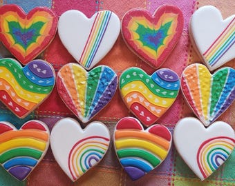 12 Rainbow Heart Decorated Sugar Cookies, Set 1