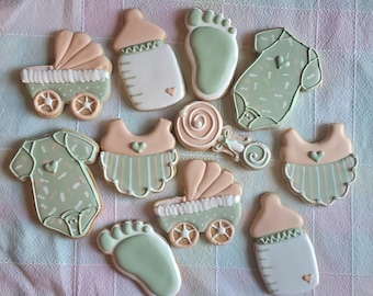 1 Dozen Sage Green and Rosy Beige Baby Cookies