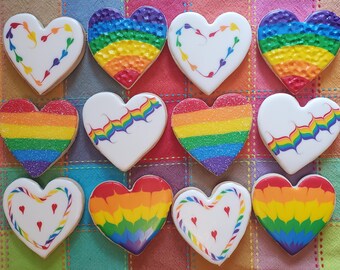 12 Rainbow Heart Decorated Sugar Cookies, Set 2