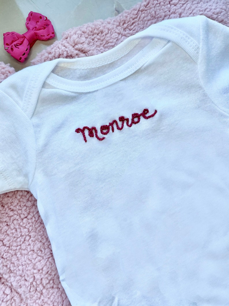 Knotted Gown Personalized Hand Stitched Embroidered Baby Onesie w Custom Name Monogram Hospital Take Home Outfit