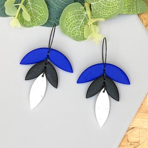 Colour Block Polymer Clay Hoop Earrings - Electric Blue, Black & White Dangle Earrings - Handmade Earrings - Bold Geometric Earrings