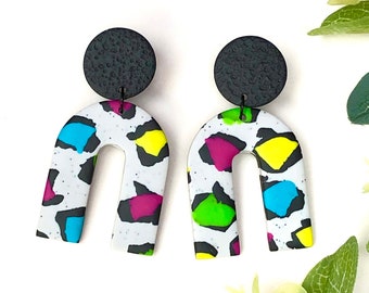 Neon Leopard Print Earrings - Polymer Clay Earrings - Handmade Statement Earrings