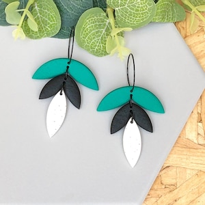 Green, Black & White Polymer Clay Hoop Earrings