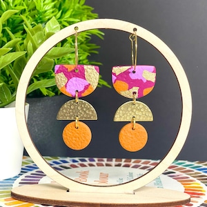 Pink, Orange, Lilac & Gold Terrazzo Polymer Clay Hoop Earrings