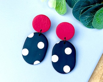 Red & Monochrome Polka Dot Earrings - Black and White Polka Dot - Handmade Polymer Clay Earrings