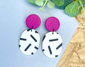 Hot Pink & Monochrome Earrings - Sprinkles Polymer Clay Dangle Earrings - Handmade Earrings