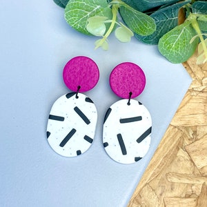 Hot Pink & Monochrome Earrings - Sprinkles Polymer Clay Dangle Earrings - Handmade Earrings