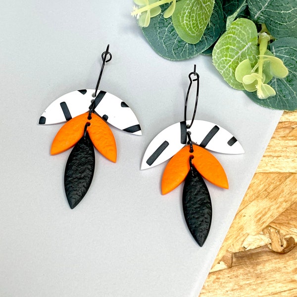 Monochrome & Neon Orange Hoop Earrings  - Handmade Polymer Clay Earrings - 3 Part Petal Dangle Earrings