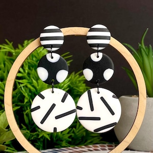 Monochrome Pattern Clash Geometric Earrings - Handmade Polymer Clay