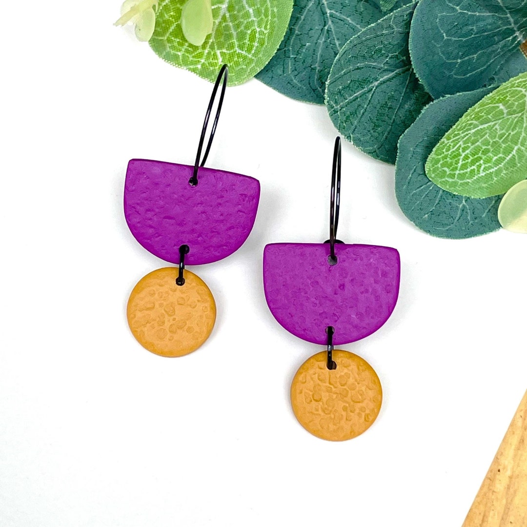 Purple & Mustard Yellow Colour Block Hoop Earrings Handmade Polymer