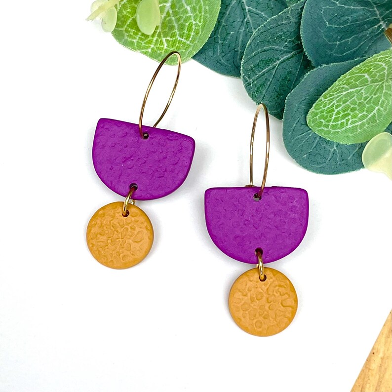 Purple & Mustard Yellow Colour Block Hoop Earrings Handmade Polymer
