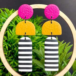 Pink, Yellow & Monochrome Stripe Polymer Clay Long Dangle Earrings