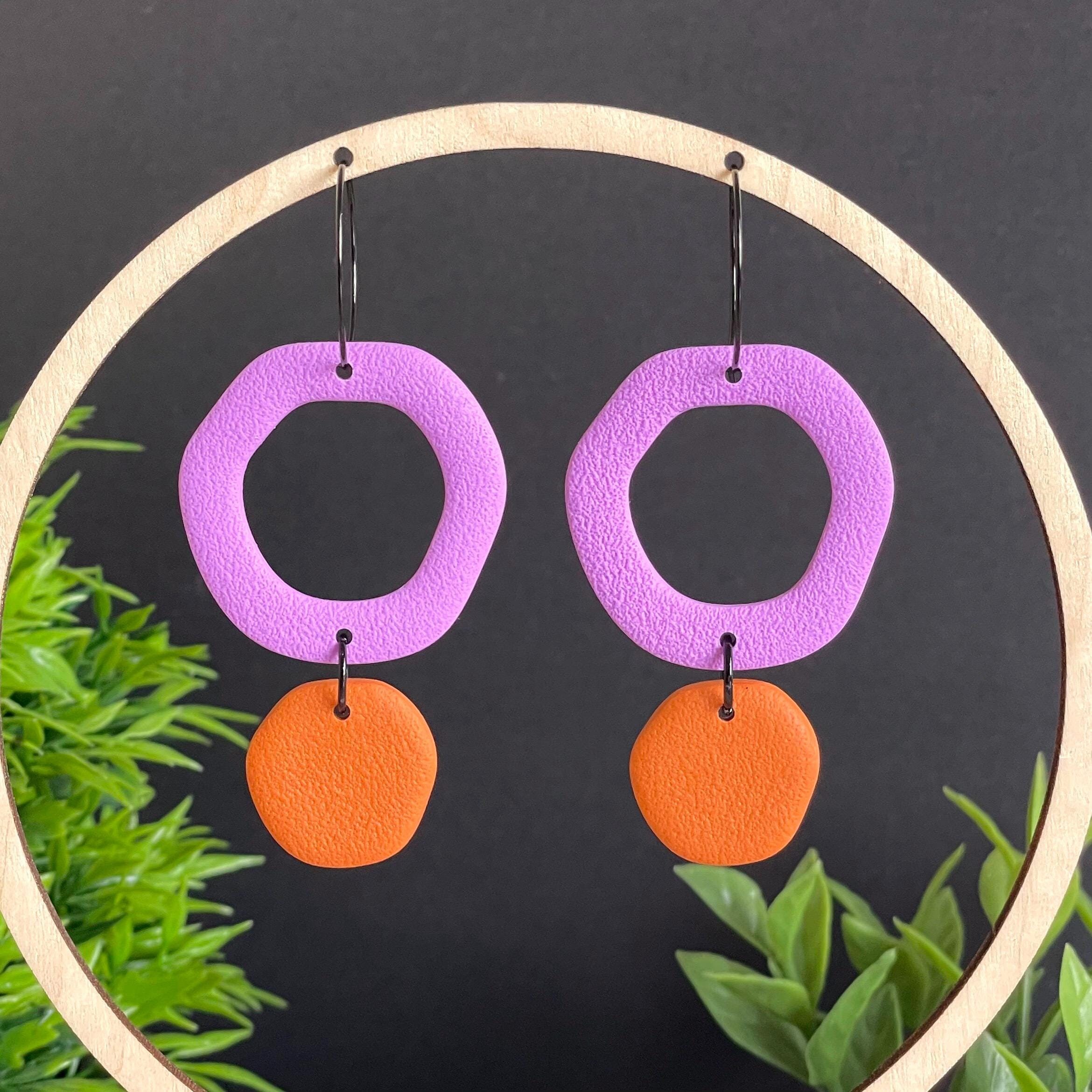 Lilac Orange Abstract Cut-out Hoop Earrings Handmade Polymer