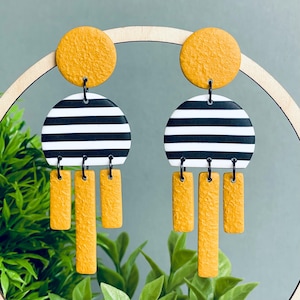 Mustard Yellow & Monochrome Stripe Statement Geometric Earrings