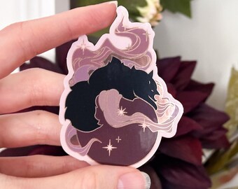 Sleepy Cat Familiar Die Cut Cauldron Gold Mirror Effect Sticker