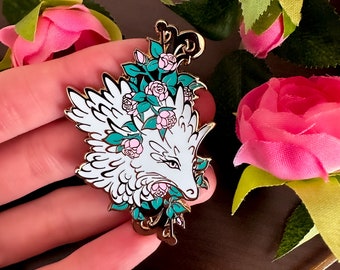 Gold Marvelous Manor Rose Dragon Hard Enamel Pin - Magical Fantasy Theme Lapel Pin - Dragon Enamel Pin - Keely Studios