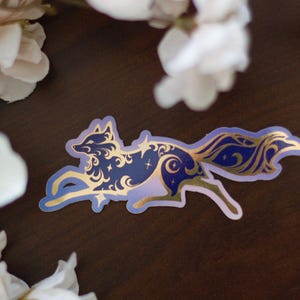 Celestial Garden Fox Spirit Die Cut Gold Mirror Effect Sticker - Fox Die Cut Sticker - Magical Celestial Sticker - Keely Studios