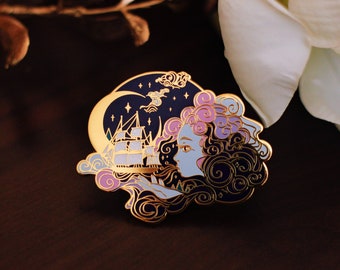 Gold Ocean of Sky Wind Goddess Hard Enamel Pin - Night Version - Magical Fantasy Theme Lapel Pin - Goddess Enamel Pin - Keely Studios