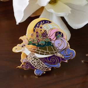 Gold Ocean of Sky Turtle Hard Enamel Pin - Night Version - Magical Fantasy Theme Lapel Pin - Turtle Enamel Pin - Keely Studios