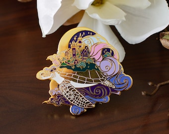 Gold Ocean of Sky Turtle Hard Enamel Pin - Night Version - Magical Fantasy Theme Lapel Pin - Turtle Enamel Pin - Keely Studios