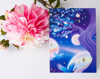 Gold Foil Celestial Garden Phoenix Art Print - Magical Night Sky Illustration - Galaxy Art Print - Magical Art Print - Fantasy Galaxy Art