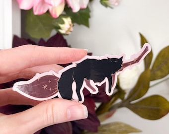 Sleepy Cat Familiar Broom Die Cut Gold Mirror Effect Sticker