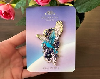 Gold Celestial Garden Astral Pheonix Hard Enamel Pin - Magical Galaxy Theme Enamel Pin - Bird Enamel Pin - Keely Studios