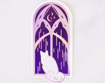 Windowsill Cat Die Cut Sticker - Die Cut Sticker - Cute Cat Stickers - Purple Gold Vinyl Sticker - Magical Themed Sticker - Witchy Sticker