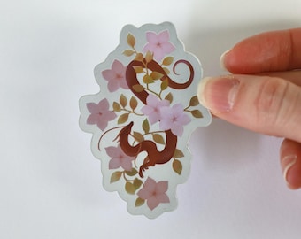 Vine Dragon with Flowers Mirror Effect Die Cut Sticker