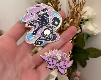 SECONDS BUNDLE | Gold Celestial Garden Sun Goddess & Lotus Hard Enamel Pins - Magical Galaxy Theme Enamel Pin - Keely Studios
