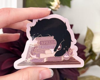 Sleepy Cat Familiar Die Cut Books Gold Mirror Effect Sticker
