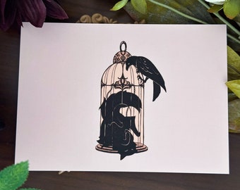 Sleepy Cat Familiar Art Print - Sleepy Cat and Raven - Cat Illustration - Black Cat Art Print - Magical Art Print - Keely Studios